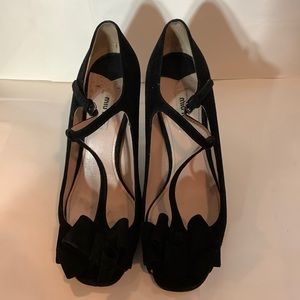 MiuMiu Black Suede Bow T-Strap Ankle Strap Sandals